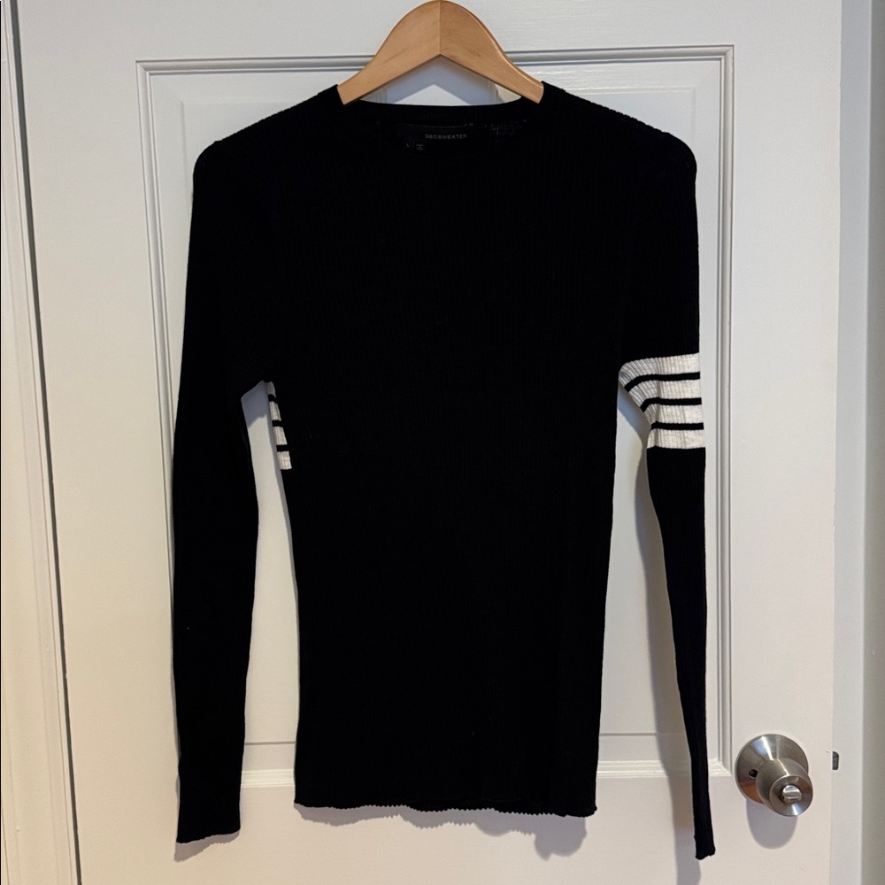 360 Sweater black w/white athletic style stripe back & sleeve 100% cotton size L